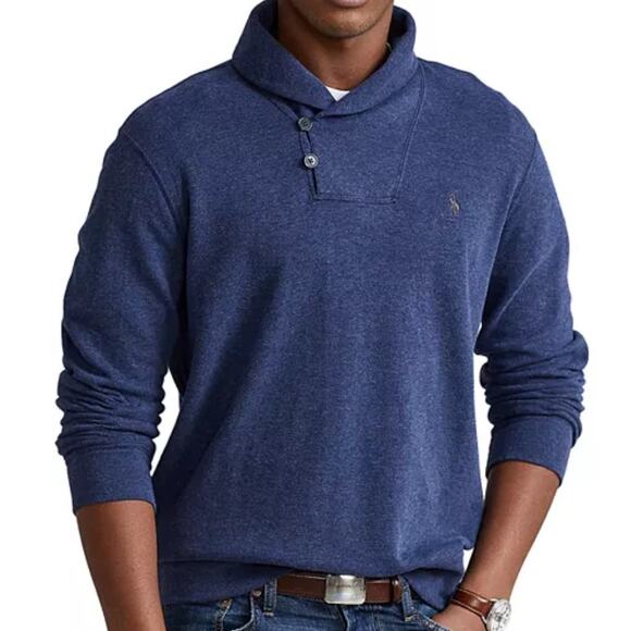 Polo Ralph Lauren Luxury Jersey Shawl Heather Blue Pullover Sweater size XL Mens - Picture 1 of 12